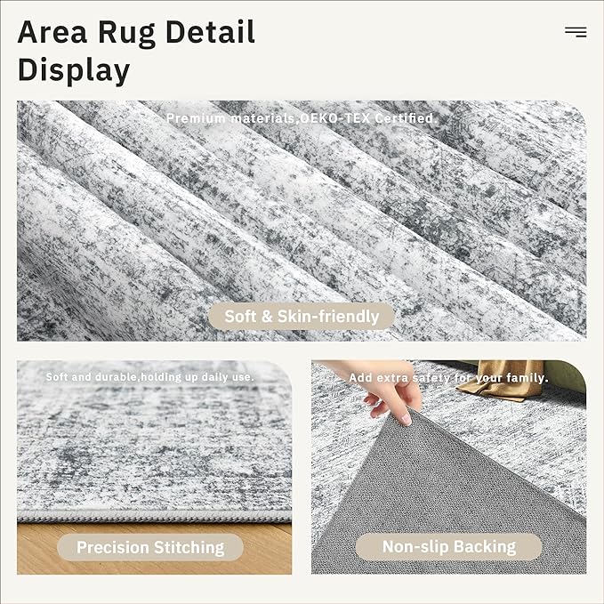 6x9 Area Rug for Living Room Washable 6x9 Gray Rug Non-Slip Modern Rugs for Bedroom Dinning Room Ultra-Thin Indoor Grey Rug