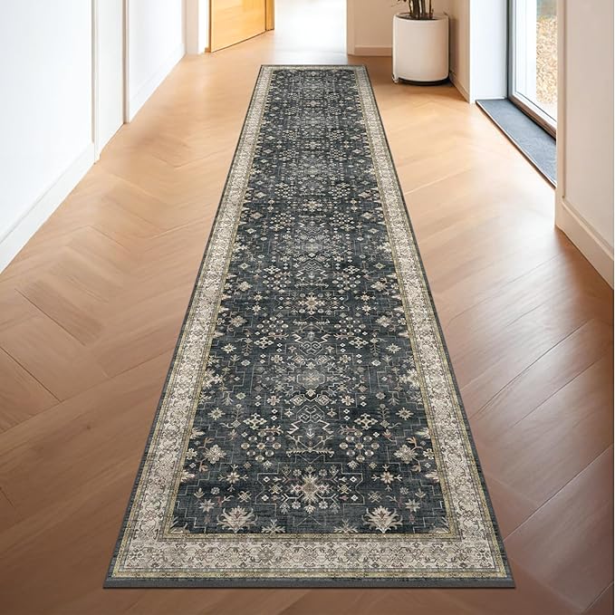 Hazo Haus Black Boho Washable 3x20 Extra Long Runner Rug for Hallway, Waterproof Large Kitchen Floor Rug, Non-Slip Stain & Fade Resistant, Vintage Floral Decor