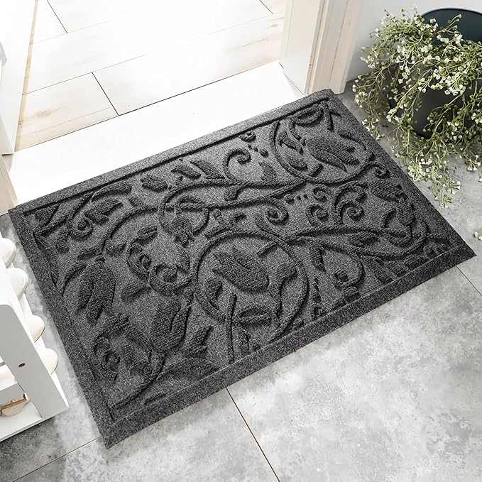 Boho Grey Floral Leaves Outdoor Indoor Entrance Doormats, Absorbent Durable Heavy Duty Welcome Front Door Mat,Thick Natural Rubber Back,Easy Clean Entryway Mat 23x35 Inch, Low Profile