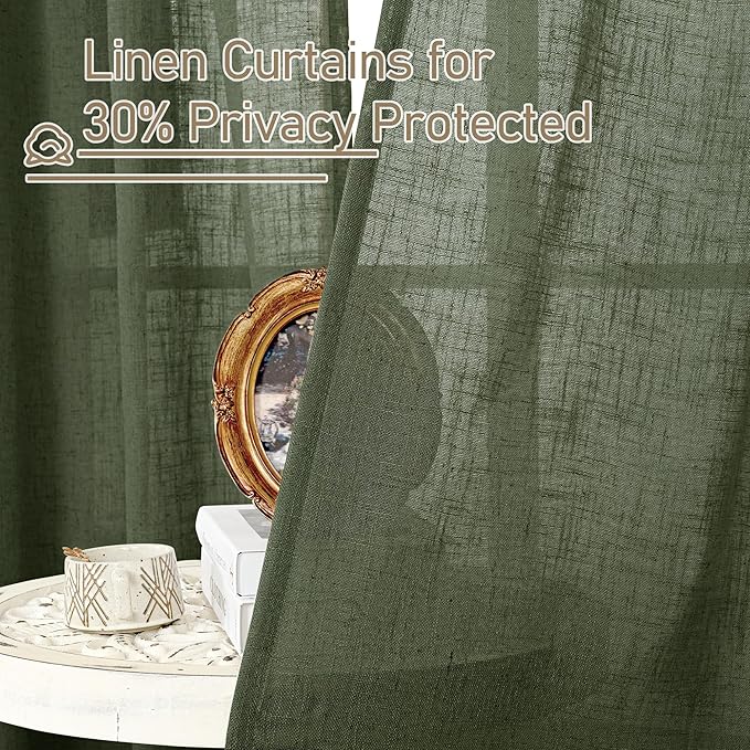 LAMIT Olive Green Semi Sheer Linen Curtains, Light Filtering Panels Back Tab and Rod Pocket Christmas Decor Drapes for Bedroom/Living Room, 2 Panels, 34 x 63 Inch