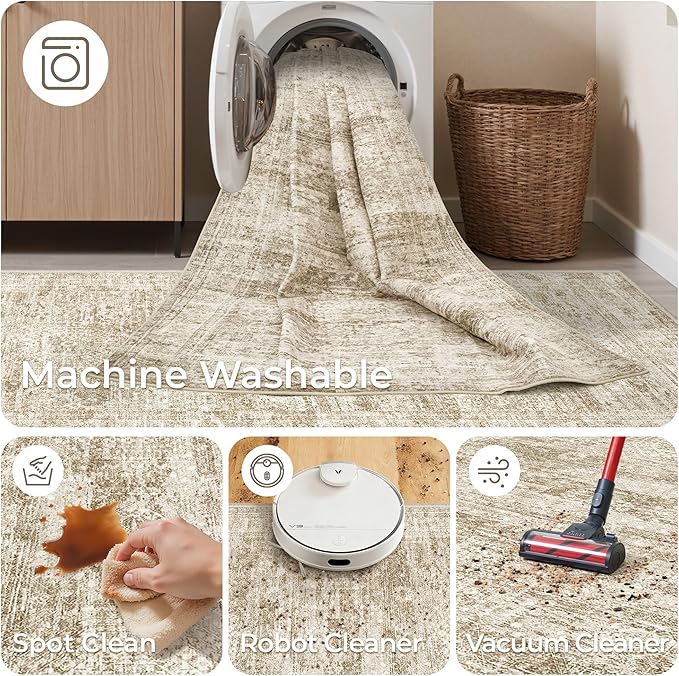 3x6 Runner Rug Non Slip, Thin Entryway Washable Rug for Entryway, Runners for Hallways, Low Pile Vintage Abstract Soft Rugs for Living Room, Kitchen, Bedroom(3'x6', Brown/Ivory)