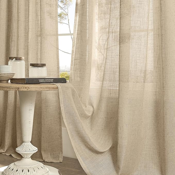 LAMIT Semi Sheer Linen Curtains 80 Inch Length for Living Room, Brown Light Filtering Window Panels Bronze Grommet Boho Burlap Drapes for Bedroom/Farmhouse, Set of 2, 52 x 80 Inch