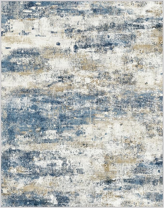 BEIMO Machine Washable Rug 9x12 Area Rugs for Living Room Bedroom, Large Navy Blue Beige Abstract Area Rug Soft Throw Rugs, Low-Pile Floor Carpet with Non Slip Rubber Backing