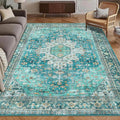 Washable Area Rug 6' x 9' Vintage Traditional Persian Mat - Foldable Distressed Non-Slip Machine Washable Carpet for Living Room Bedroom Kitchen Home Decor - Teal and Gold