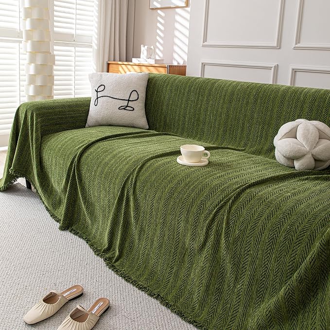 Boho Chenille Couch Cover for Dogs, Non Slip Sofa Cover, Couch Slipcover Covers for 3 Cushion, Furniture Protector with Tassels for Pets Washable, 91"x150", Fishbone Green