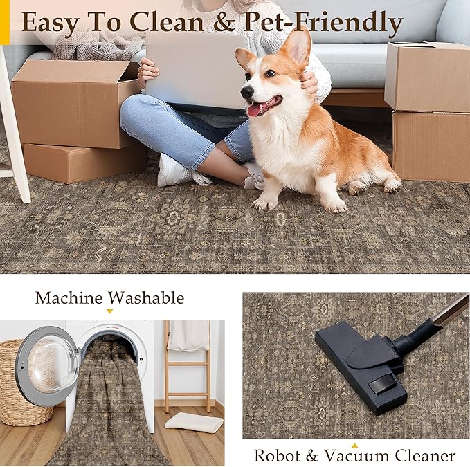 5x7 Washable Area Rug for Living Room Bedroom Vintage Brown Soft Low Pile Carpet Traditional Retro Non Slip Throw Rug for Dining Room Entryway Indoor Dorm Kitchen