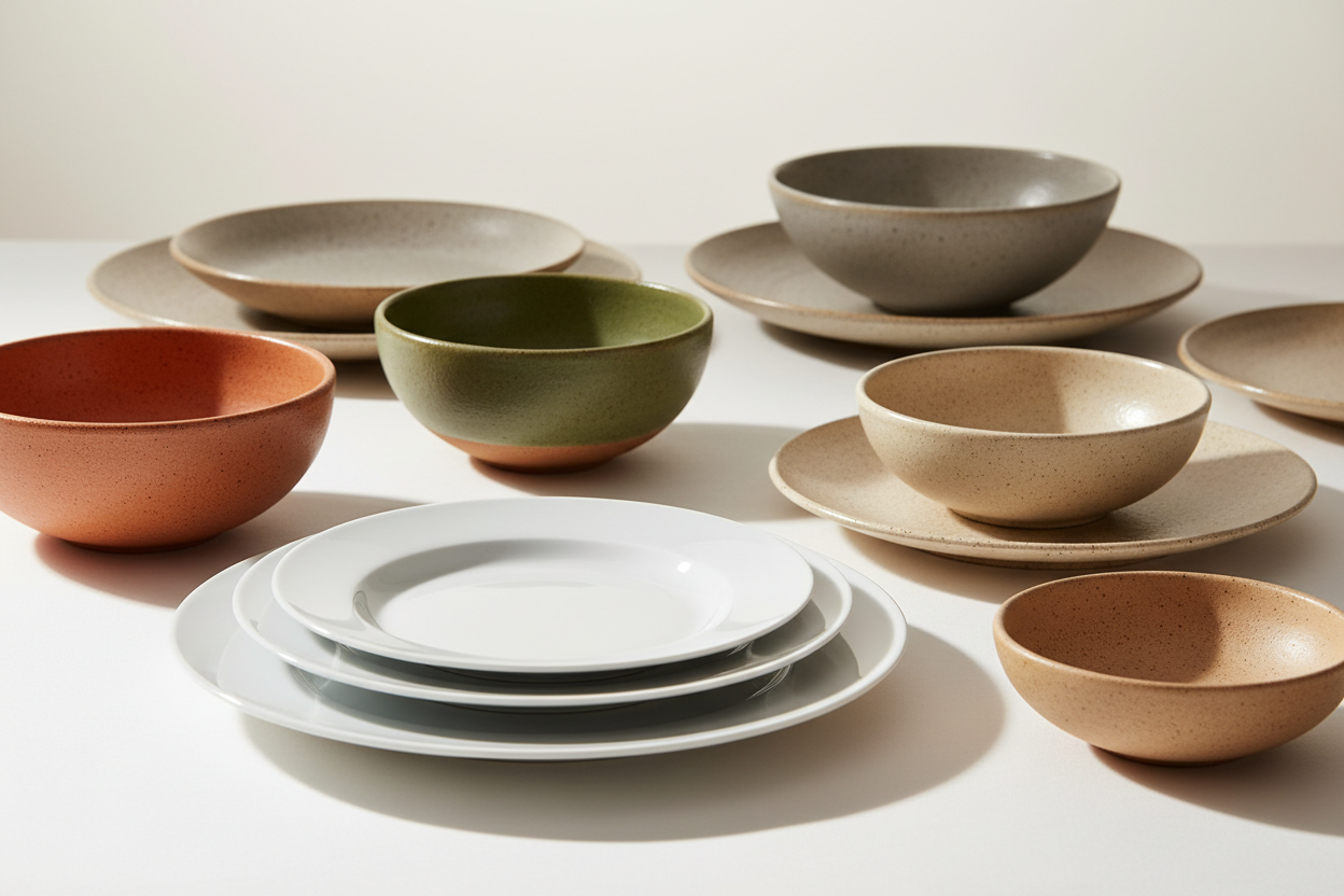 Plates & Bowls: Available in porcelain, ceramic, and stoneware, perfect for casual or formal dining.  (make it real photo)